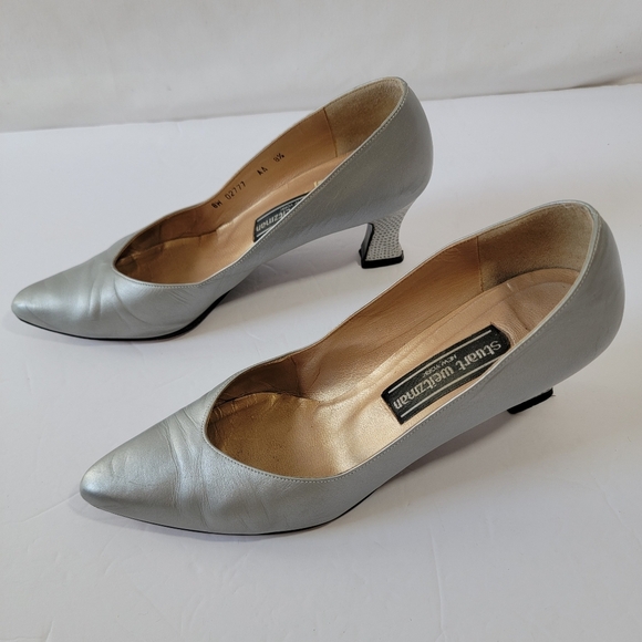 VTG Stuart Weitzman Corniche Mid Silver Pump 8.5 Leather Old Money Office Siren - Picture 3 of 12